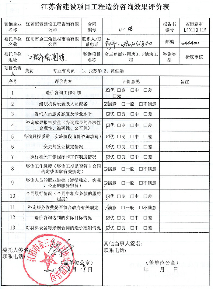 金三角商業(yè)用房B、C、D、F地塊工程評(píng)價(jià)表